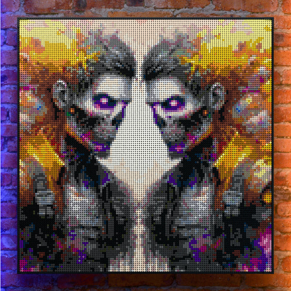 Etherial Zombie Soldiers made out of 17,132 LEGO-Compatible bricks on a real red-brick wall background with good lighting.