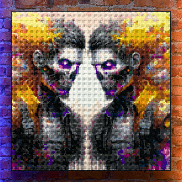 Etherial Zombie Soldiers made out of 17,132 LEGO-Compatible bricks on a real red-brick wall background with good lighting, built with 1x1 square plates.