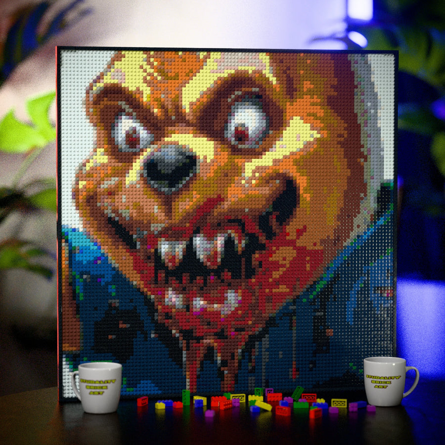 Evil Whinnie the Pooh made out of 9,700 LEGO-Compatible bricks on a table with stylish luxury studio background, built with 1x1 square plates.