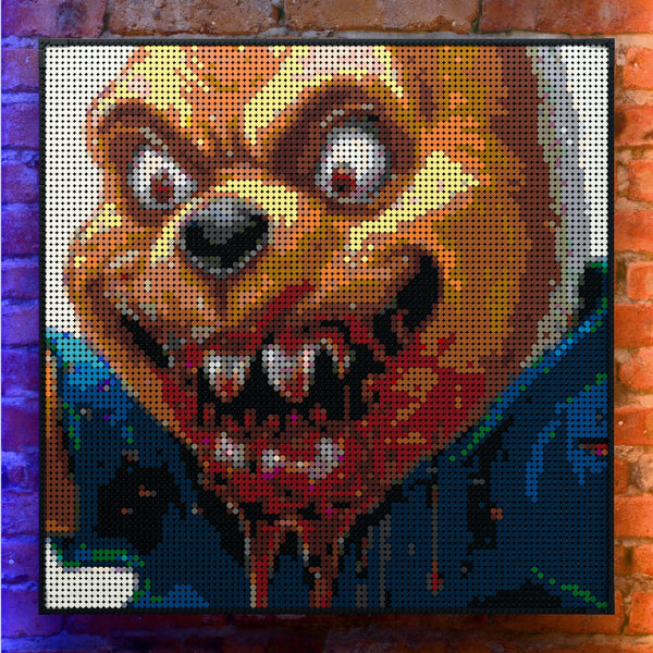 Evil Whinnie the Pooh made out of 9,700 LEGO-Compatible bricks on a real red-brick wall background with good lighting.