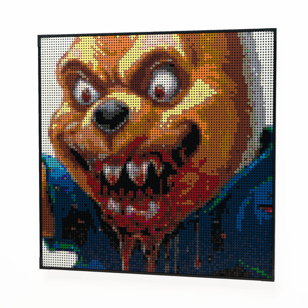 Evil Whinnie the Pooh made out of 9,700 LEGO-Compatible bricks on a white clean background.