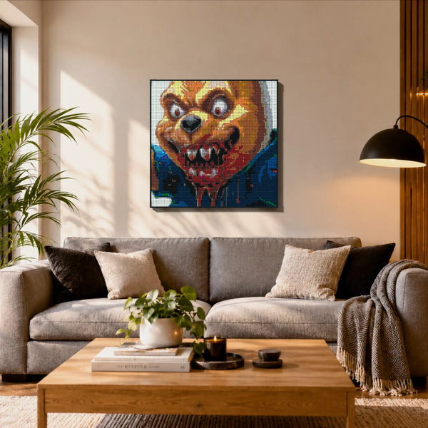 Evil Whinnie the Pooh made out of 9,700 LEGO-Compatible bricks on a ikea scandinavian home background.