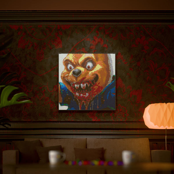 Evil Whinnie the Pooh made out of 9,700 LEGO-Compatible bricks on a luxurious home background.
