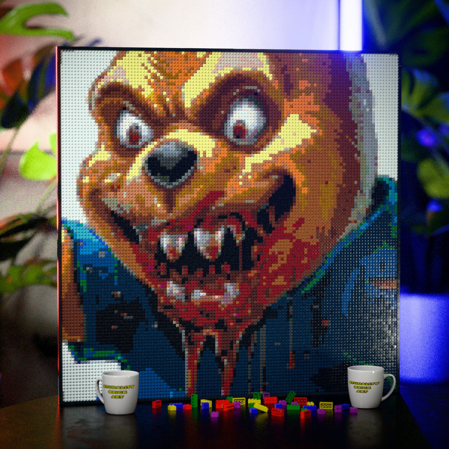 Evil Whinnie the Pooh made out of 13,153 LEGO-Compatible bricks on a table with stylish luxury studio background, built with 1x1 square plates.