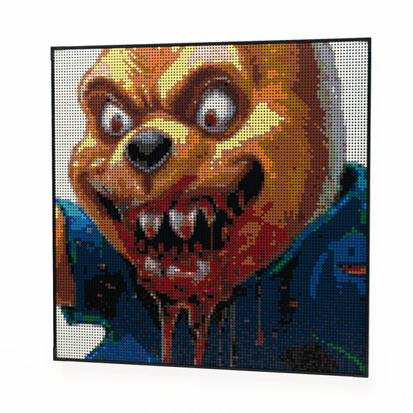 Evil Whinnie the Pooh made out of 13,153 LEGO-Compatible bricks on a white clean background.