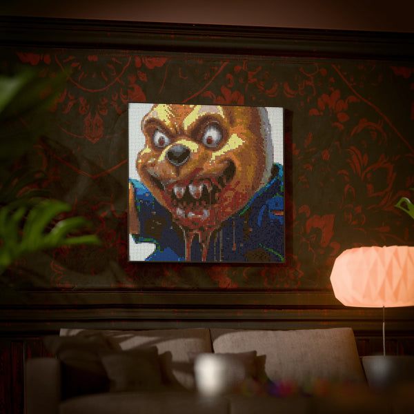 Evil Whinnie the Pooh made out of 13,153 LEGO-Compatible bricks on a luxurious home background.