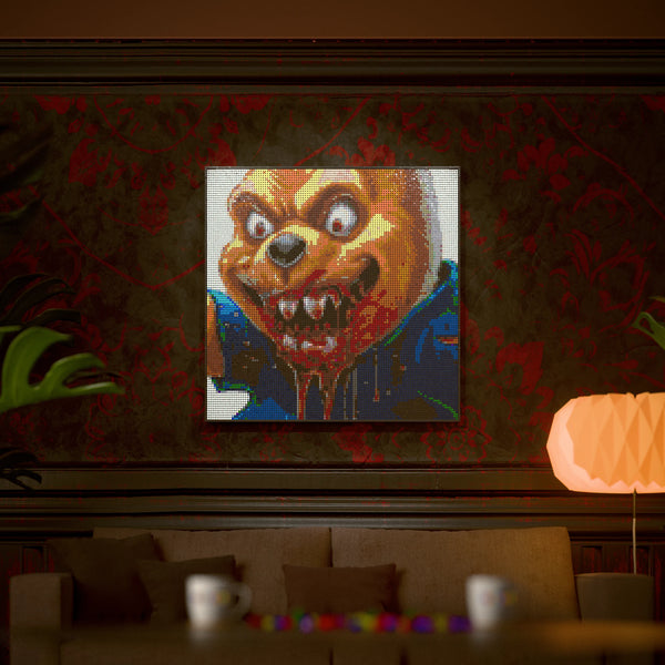 Evil Whinnie the Pooh made out of 13,153 LEGO-Compatible bricks on a luxurious home background.