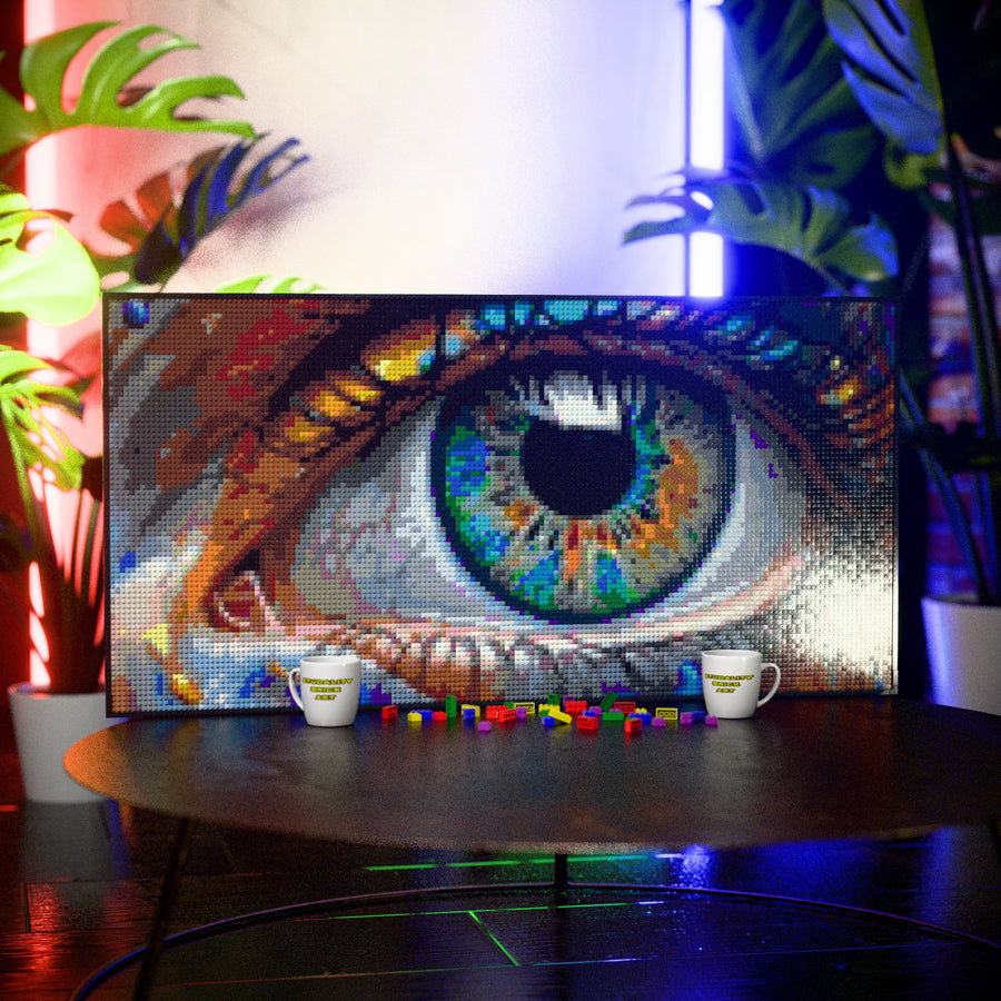 Eye Art Original made out of 13,433 LEGO-Compatible bricks on a table with stylish luxury studio background, built with 1x1 square plates.