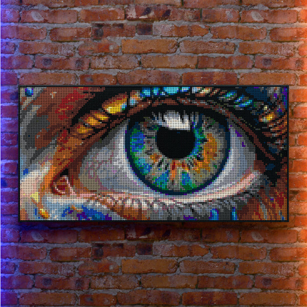Eye Art Original made out of 13,433 LEGO-Compatible bricks on a real red-brick wall background with good lighting.