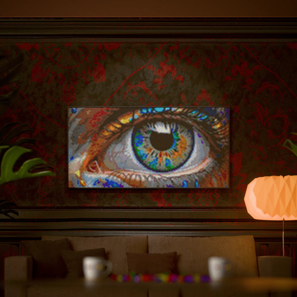 Eye Art Original made out of 13,433 LEGO-Compatible bricks on a luxurious home background.