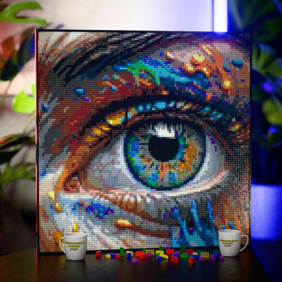 Eye Art Original made out of 13,153 LEGO-Compatible bricks on a table with stylish luxury studio background, built with 1x1 square plates.