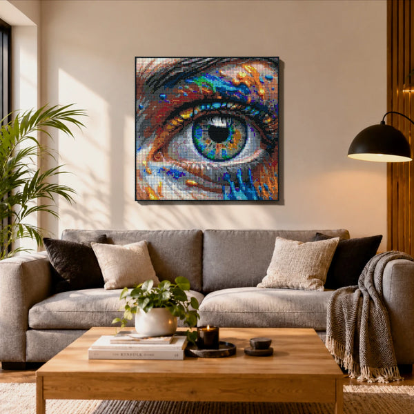 Eye Art Original made out of 13,153 LEGO-Compatible bricks on a ikea scandinavian home background.