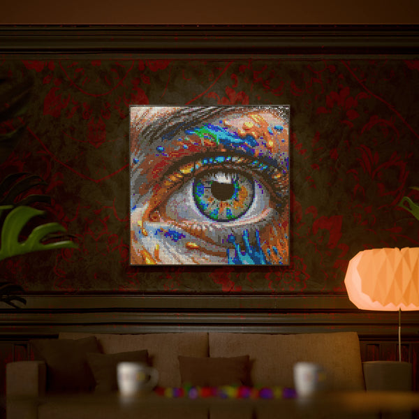 Eye Art Original made out of 13,153 LEGO-Compatible bricks on a luxurious home background.