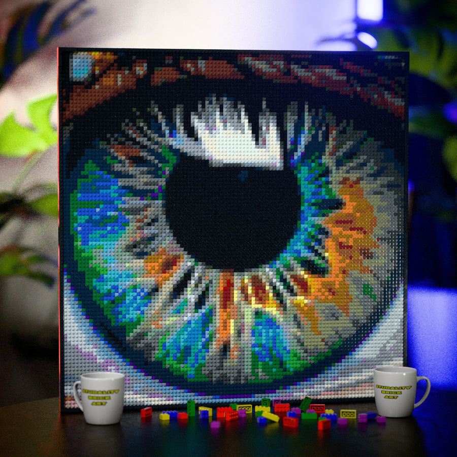 Eye Macro Art made out of 9,700 LEGO-Compatible bricks on a table with stylish luxury studio background, built with 1x1 square plates.