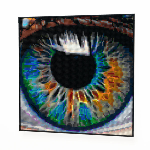 Eye Macro Art made out of 9,700 LEGO-Compatible bricks on a white clean background, built with 1x1 square plates.