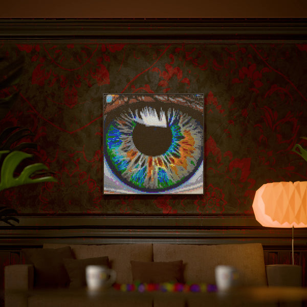 Eye Macro Art made out of 9,700 LEGO-Compatible bricks on a luxurious home background.