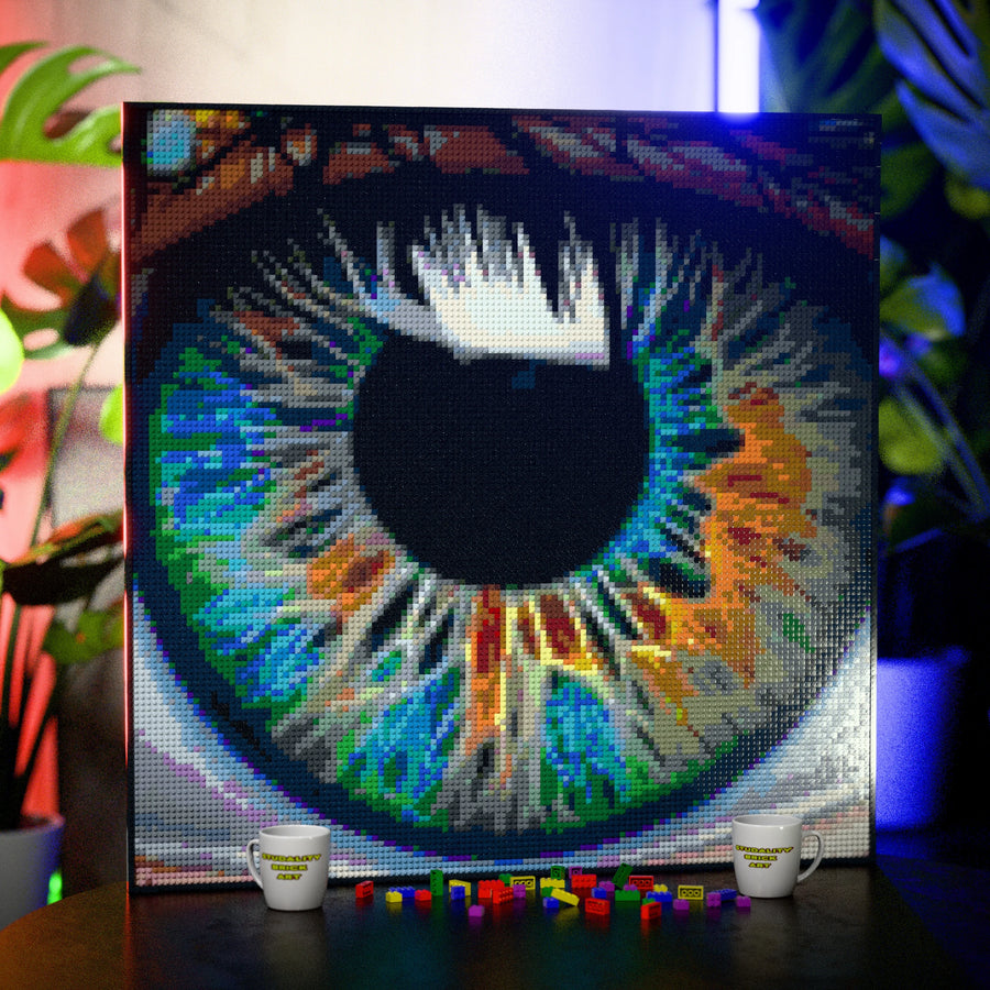 Eye Macro Art made out of 17,132 LEGO-Compatible bricks on a table with stylish luxury studio background, built with 1x1 square plates.