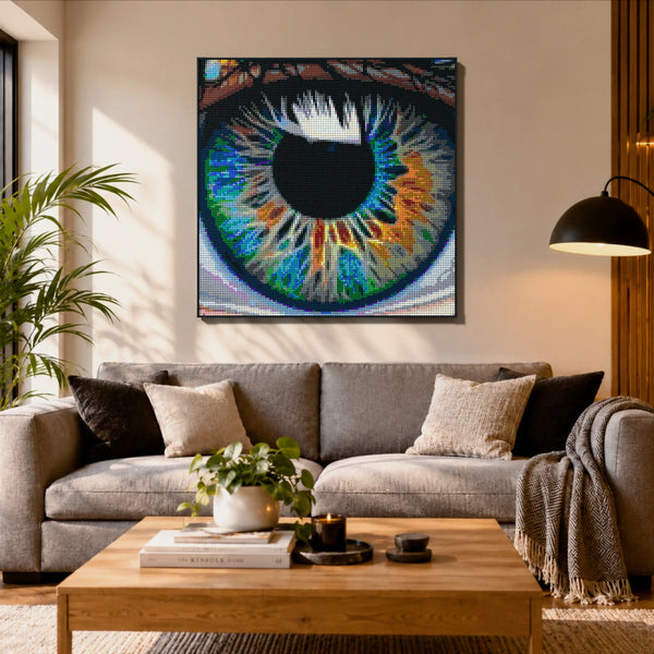 Eye Macro Art made out of 17,132 LEGO-Compatible bricks on a ikea scandinavian home background.