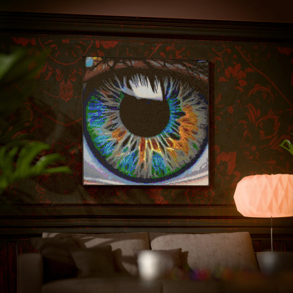 Eye Macro Art made out of 17,132 LEGO-Compatible bricks on a luxurious home background.