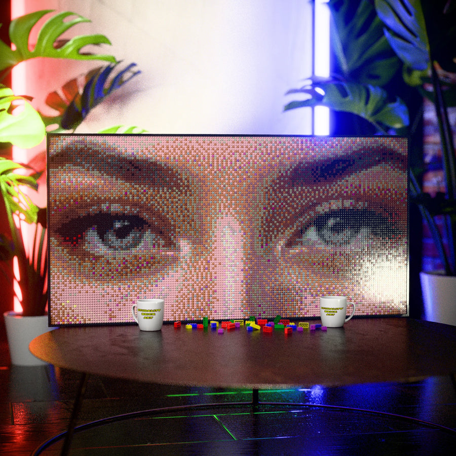 Eye Model Woman made out of 13,433 LEGO-Compatible bricks on a table with stylish luxury studio background, built with 1x1 square plates.