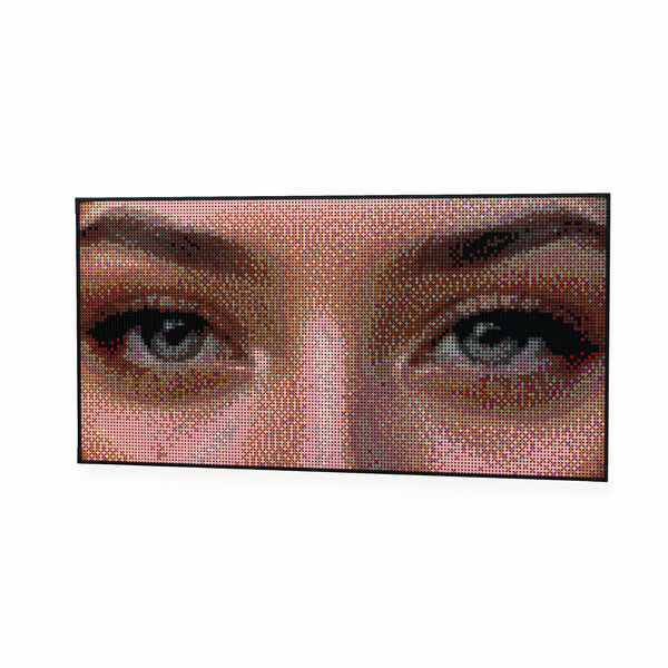 Eye Model Woman made out of 13,433 LEGO-Compatible bricks on a white clean background.