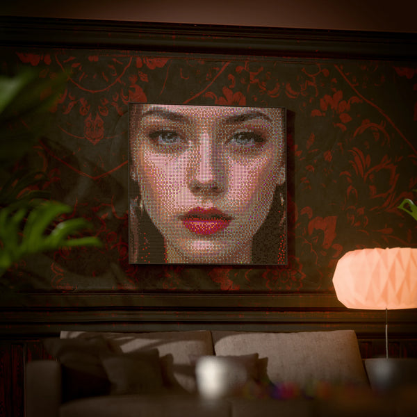 Eye Model Woman made out of 13,153 LEGO-Compatible bricks on a luxurious home background.