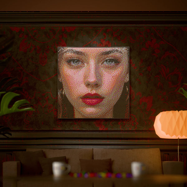 Eye Model Woman made out of 13,153 LEGO-Compatible bricks on a luxurious home background.