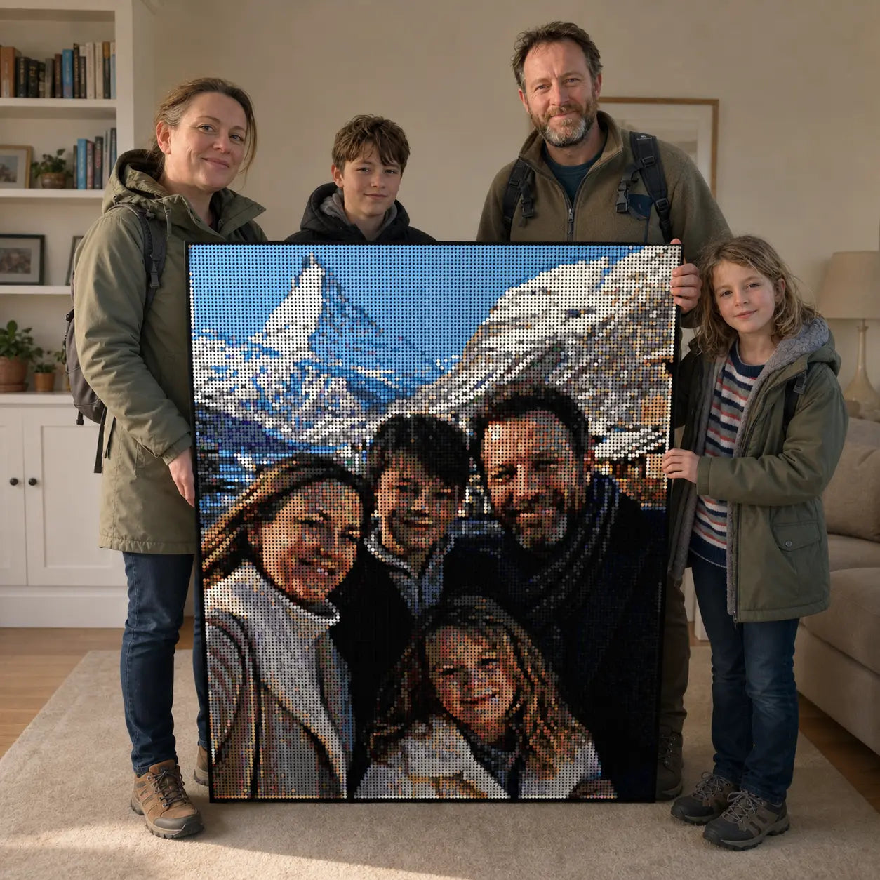 Family holding a mosaic portrait of themselves in a living room.