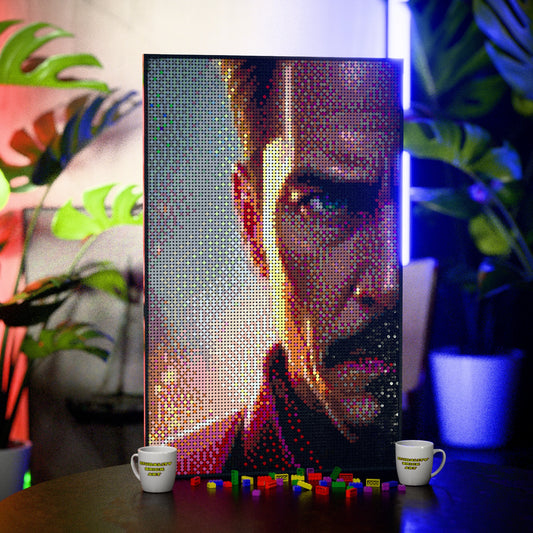 Fireman made out of 10,769 LEGO-Compatible bricks on a table with stylish luxury studio background.