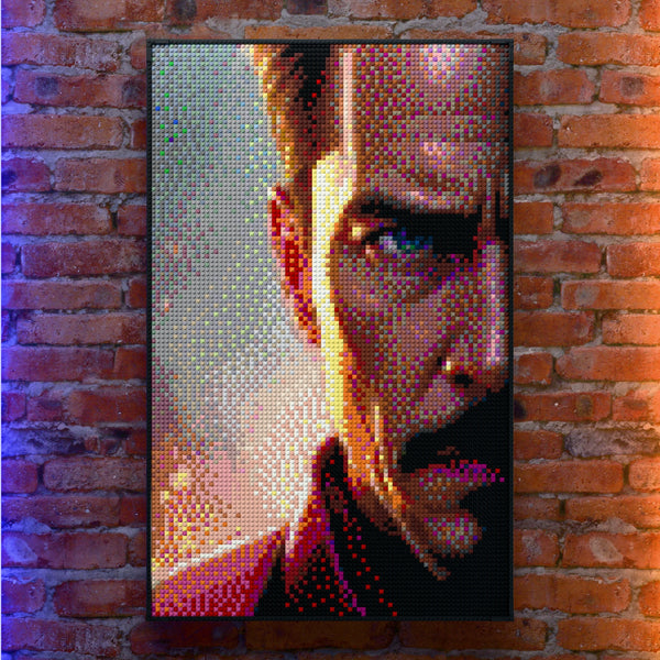 Fireman made out of 10,769 LEGO-Compatible bricks on a real red-brick wall background with good lighting, built with 1x1 square plates.