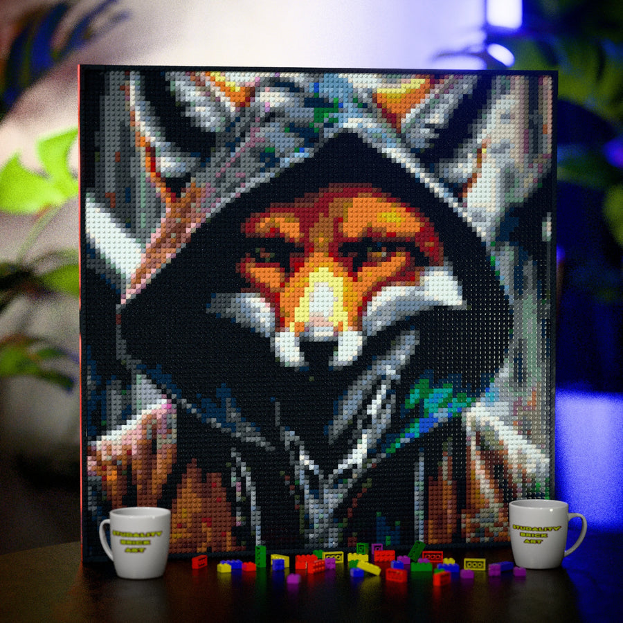 Fox in a Hoodie made out of 9,700 LEGO-Compatible bricks on a table with stylish luxury studio background, built with 1x1 square plates.