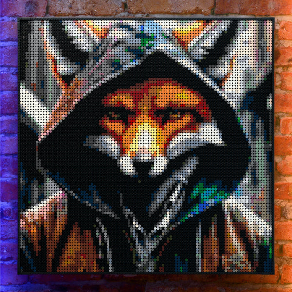 Fox in a Hoodie made out of 9,700 LEGO-Compatible bricks on a real red-brick wall background with good lighting.