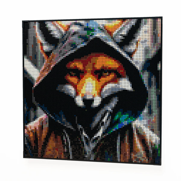 Fox in a Hoodie made out of 9,700 LEGO-Compatible bricks on a white clean background.