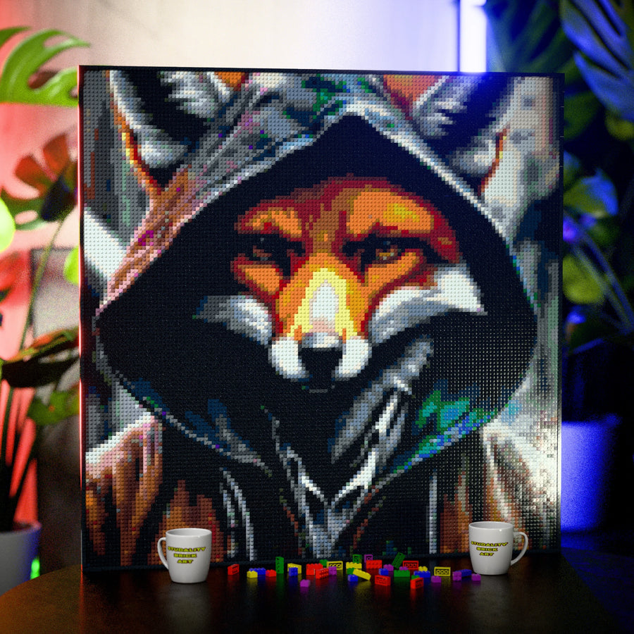 Fox in a Hoodie made out of 17,132 LEGO-Compatible bricks on a table with stylish luxury studio background, built with 1x1 square plates.