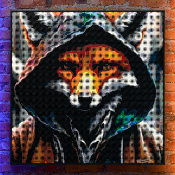 Fox in a Hoodie made out of 17,132 LEGO-Compatible bricks on a real red-brick wall background with good lighting.