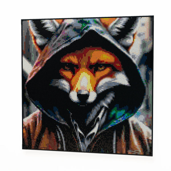 Fox in a Hoodie made out of 17,132 LEGO-Compatible bricks on a white clean background.