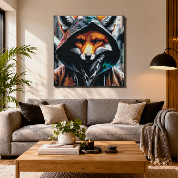 Fox in a Hoodie made out of 17,132 LEGO-Compatible bricks on a ikea scandinavian home background.