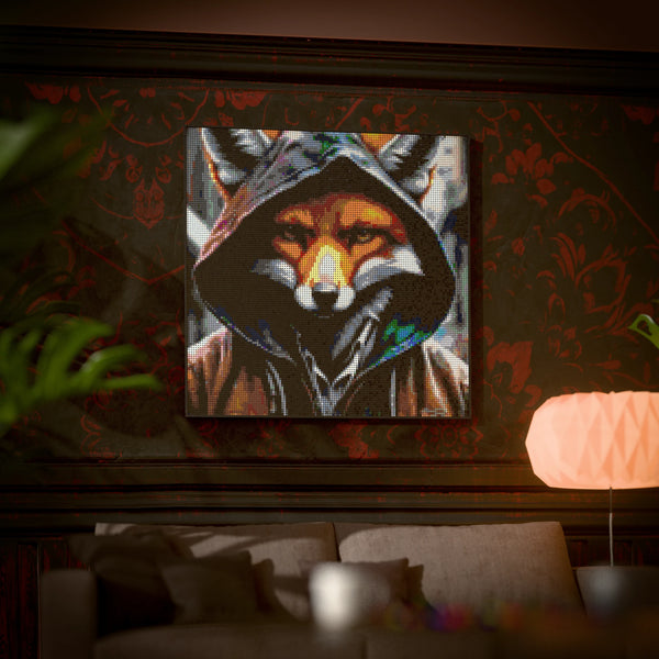 Fox in a Hoodie made out of 17,132 LEGO-Compatible bricks on a luxurious home background.