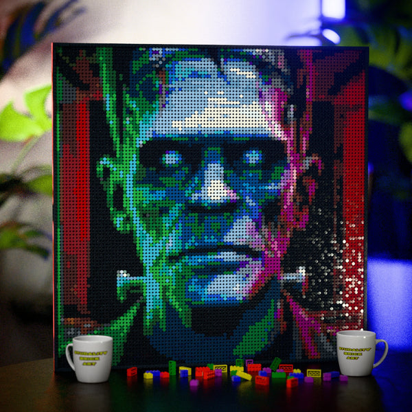 Frankenstein made out of 9,700 LEGO-Compatible bricks on a table with stylish luxury studio background.