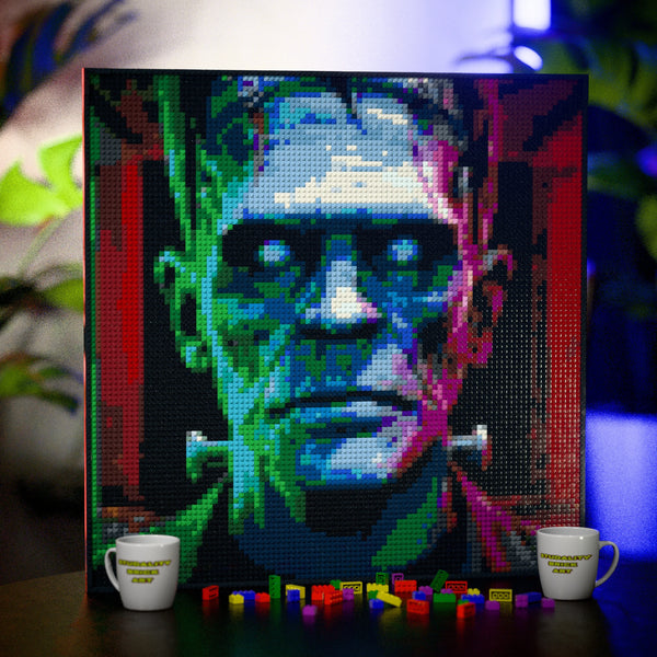 Frankenstein made out of 9,700 LEGO-Compatible bricks on a table with stylish luxury studio background, built with 1x1 square plates.