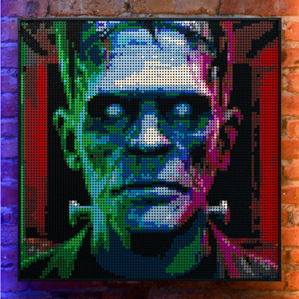 Frankenstein made out of 9,700 LEGO-Compatible bricks on a real red-brick wall background with good lighting.