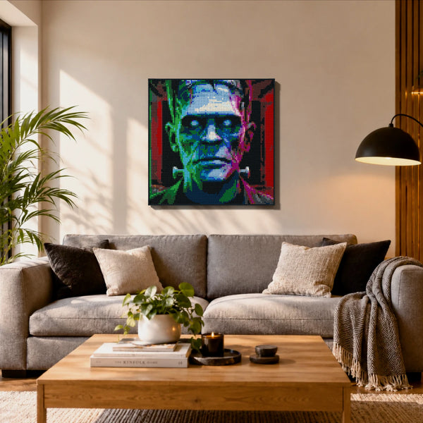Frankenstein made out of 9,700 LEGO-Compatible bricks on a ikea scandinavian home background.