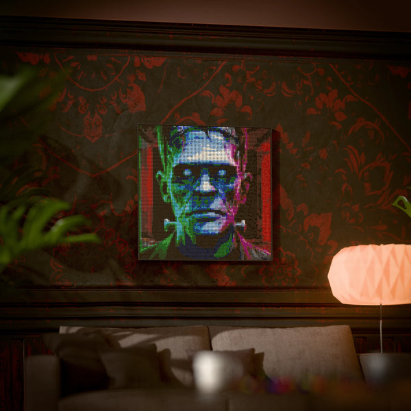 Frankenstein made out of 9,700 LEGO-Compatible bricks on a luxurious home background.