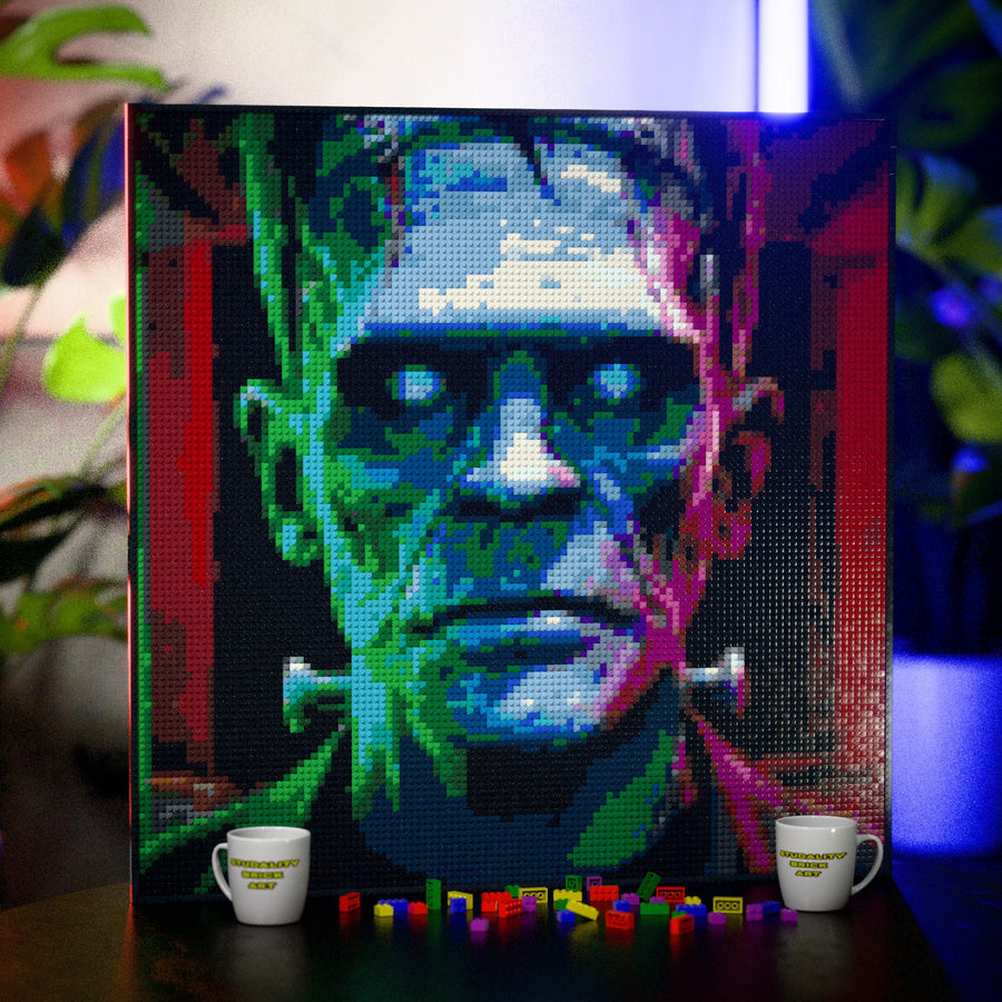 Frankenstein made out of 13,153 LEGO-Compatible bricks on a table with stylish luxury studio background, built with 1x1 square plates.