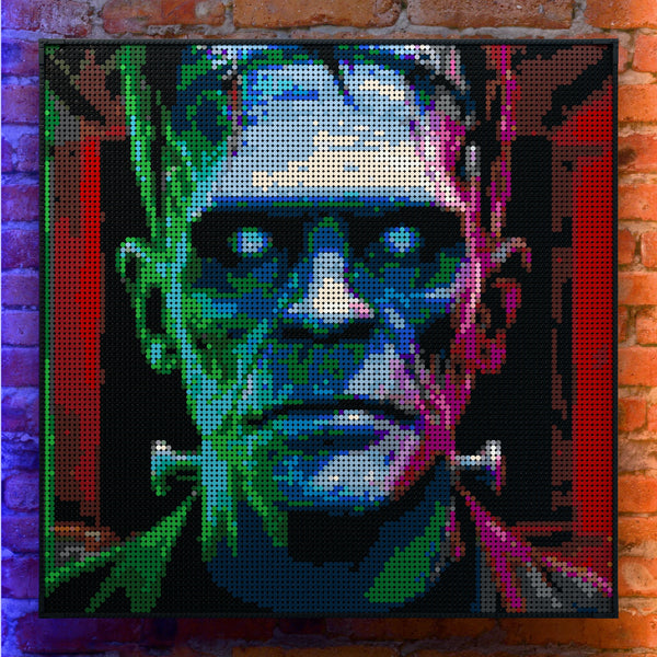 Frankenstein made out of 13,153 LEGO-Compatible bricks on a real red-brick wall background with good lighting.