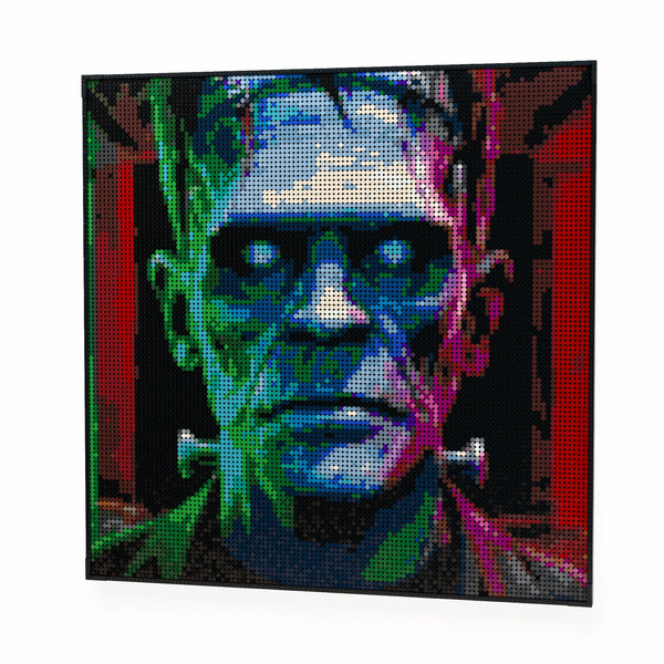 Frankenstein made out of 13,153 LEGO-Compatible bricks on a white clean background.