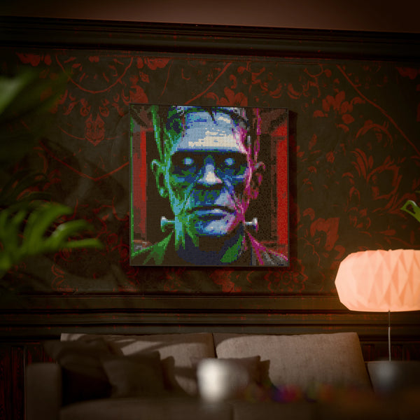Frankenstein made out of 13,153 LEGO-Compatible bricks on a luxurious home background.