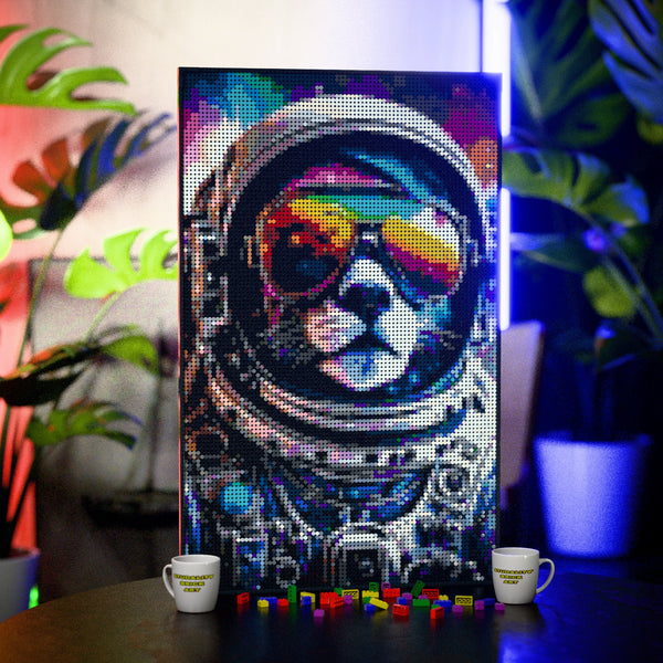 Funny Space Kitty Cat made out of 10,769 LEGO-Compatible bricks on a table with stylish luxury studio background.