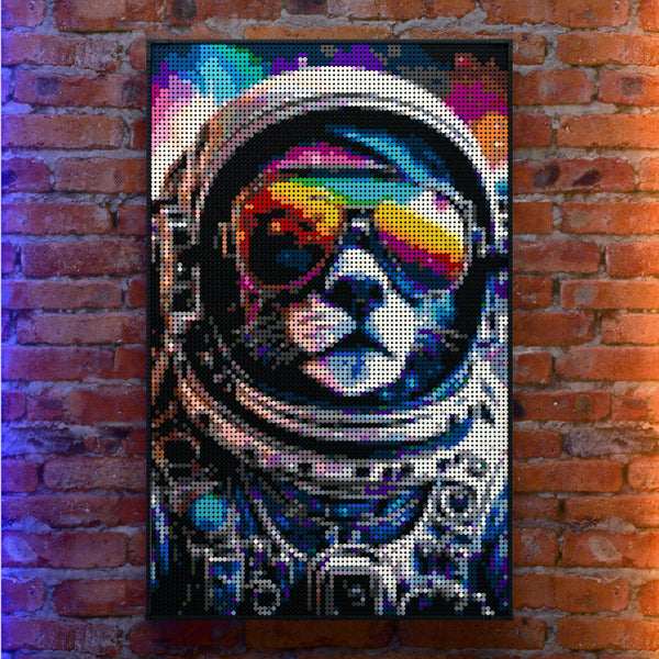 Funny Space Kitty Cat made out of 10,769 LEGO-Compatible bricks on a real red-brick wall background with good lighting.