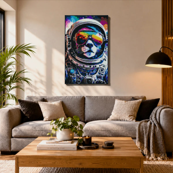 Funny Space Kitty Cat made out of 10,769 LEGO-Compatible bricks on a ikea scandinavian home background.